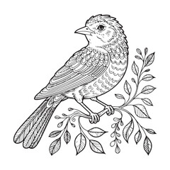 Black and white illustration of a bird perched on a branch with leaves 1