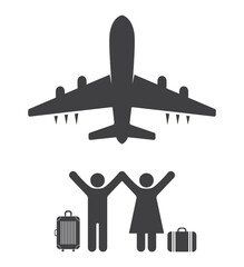 tourist couple with luggage and airplane landing icon