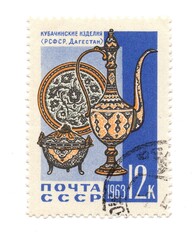 A vintage postage stamp from Russia isolated on a white background.