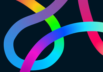 Abstract background with colored dynamic linear waves and circular design elements on black background