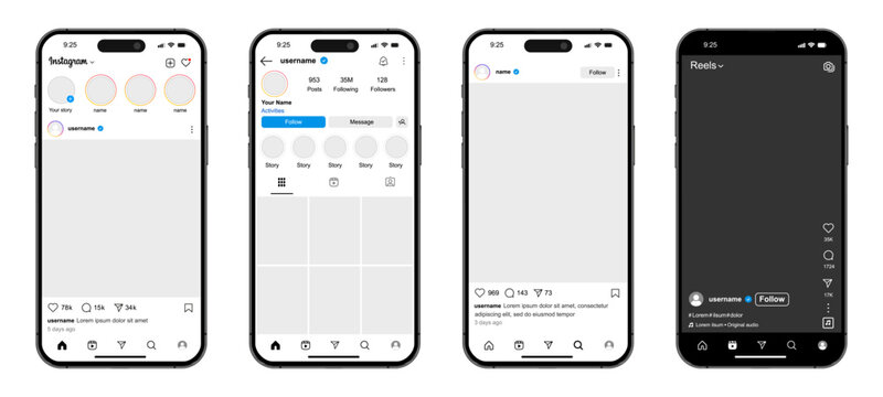 Instagram feed mockup. Social media mock up template. Instagram post frame carousel template. Post story reels. Screen interface on 4 Iphone smartphone. Latest update social network mobile app