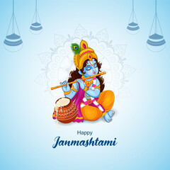 Little Kanha playing bansuri (flute) on Krishna Janmashtami festival background of India