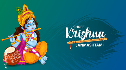 Little Kanha playing bansuri (flute) on Krishna Janmashtami festival background of India