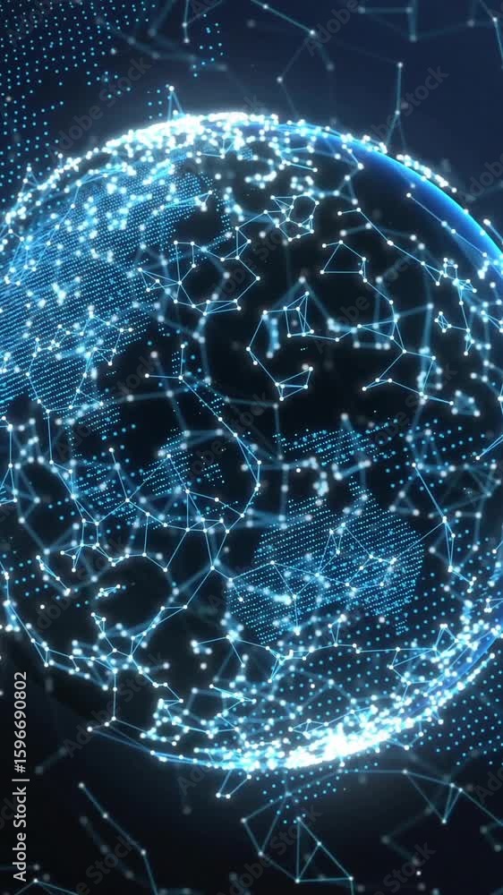 Poster glowing digital globe with interconnected nodes and lines, network connections animation