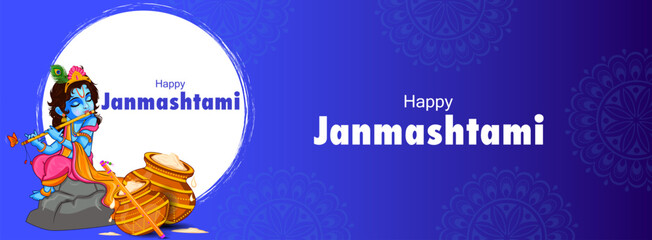 Little Kanha playing bansuri (flute) on Krishna Janmashtami festival background of India