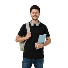 Smiling confident young man student with backpack and headphones holding notebook on isolated transparent background.