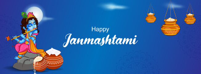 Little Kanha playing bansuri (flute) on Krishna Janmashtami festival background of India
