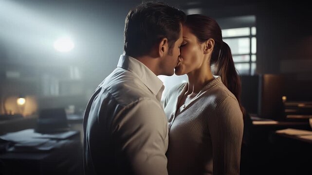 Romantic kiss between coworkers in deserted office space