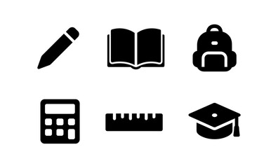 Minimalist education icons: pencil, book, backpack, calculator, ruler, cap
