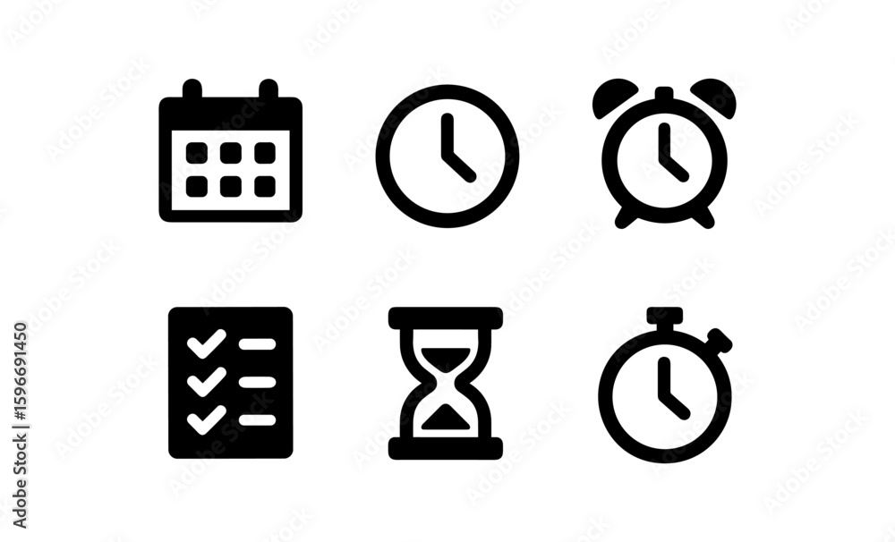 Poster simple black time management icons set with calendar, clock, and timer elements