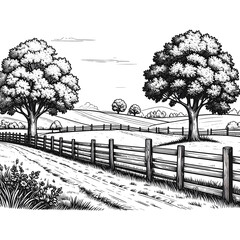 Fototapeta premium Landscape with trees, field, and fence in black and white engraving style vector illustration By slowbuzzstudio