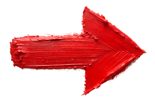A bold red arrow painted with a brush stroke, isolated on a transparent background, indicating direction
