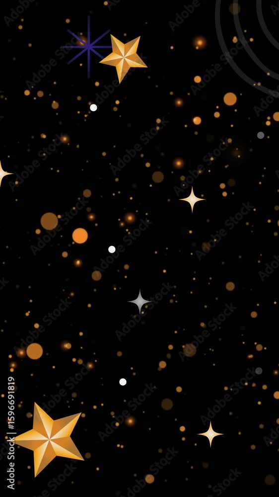 Poster stars and swirling patterns animation over black background with scattered dots