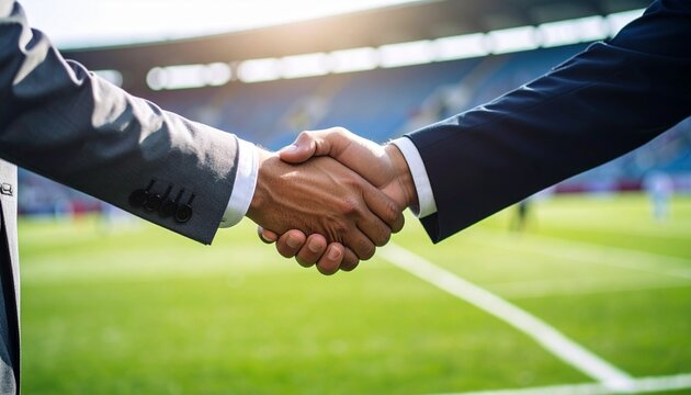 Businessmen shaking hands on a football field, conveying partnership, diversity, and sports deal.