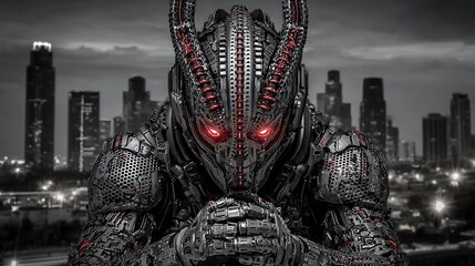 A demonic humanoid covered in chrome armor and electric tattoos, red LED eyes glowing in a dystopian skyline, cyberpunk warlord 