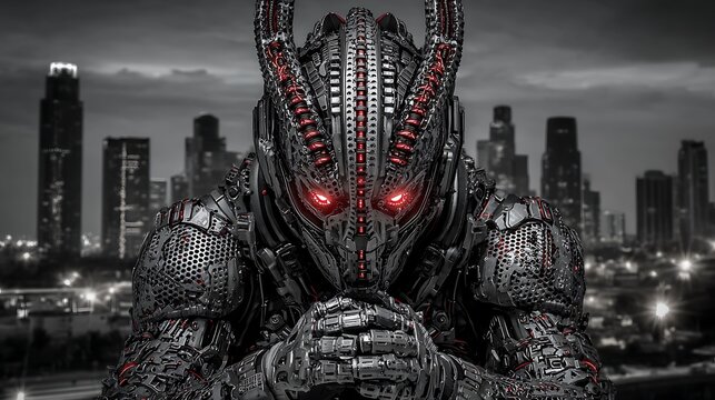 A demonic humanoid covered in chrome armor and electric tattoos, red LED eyes glowing in a dystopian skyline, cyberpunk warlord - Powered by Adobe