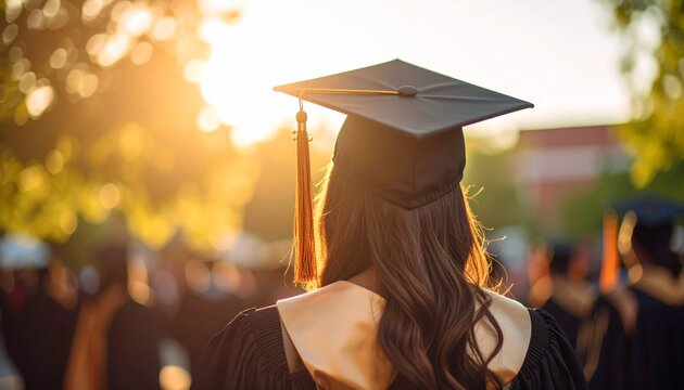 New graduate from behind, reflecting on accomplishments and bright future at sunset.