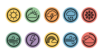Set of colorful weather icons, depicting various weather conditions.