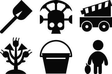 Shovel skull clapperboard tree bucket person vector