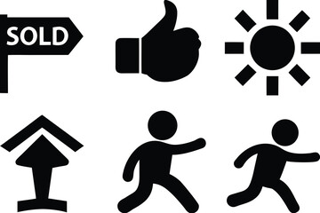 Sold sign thumbs up sun running people arrow set of silhouettes