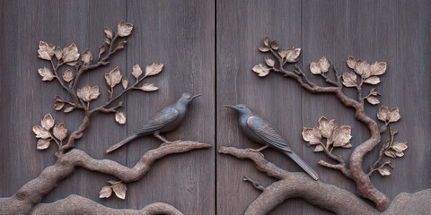 Carved wooden doors with bird motifs