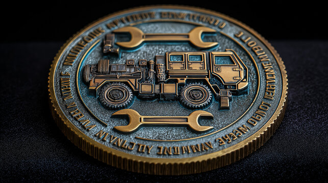 Military Maintenance Challenge Coin Design with Wrench-Edged Border and Military Vehicles
