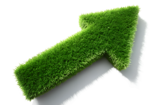 A green grass arrow pointing upwards, symbolizing growth and environmental progress, isolated on white isolated on transparent background
