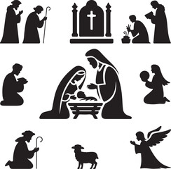 Nativity, Christmas, Icon, Set, Religion, Christian, Jesus, Holiday, vector, silhouette
