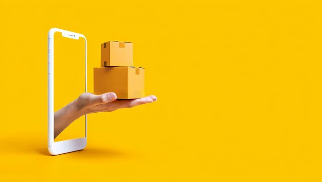 Online shopping and express delivery service concept. A hand holding cardboard boxes emerges from a smartphone screen on a yellow background
