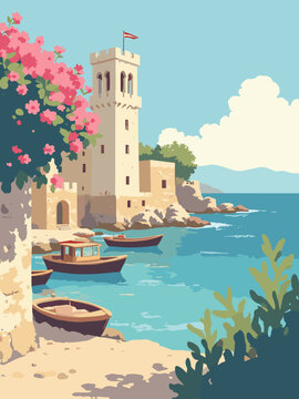 Licata, Italy &ndash; Castle ruins and boats in castle beige, harbor blue water, bougainvillea pink blossoms, driftwood brown vessels, and sky blue