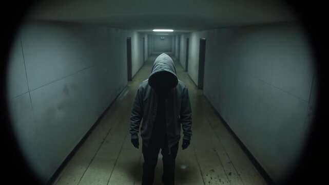 Intruder Moves Stealthily Through Dark Residential Hallway &ndash; High-Definition Security Angle

