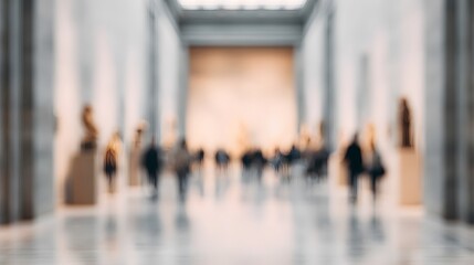 Spacious museum hall featuring large sculptures and visitors admiring them, blurred image, soft out-of-focus background