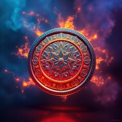 Ornate ancient artifact glowing with mystical energy and fiery aura against a dark cosmic background