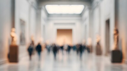 Spacious museum hall featuring large sculptures and visitors admiring them, blurred image, soft out-of-focus background