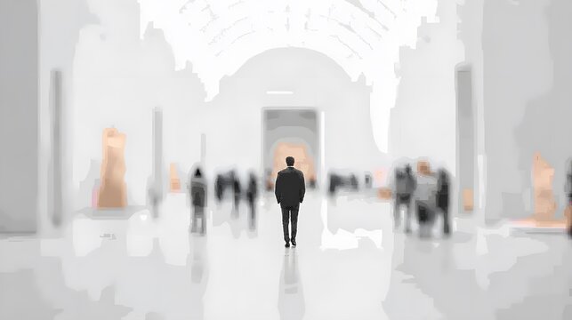 Spacious museum hall featuring large sculptures and visitors admiring them, blurred image, soft out-of-focus background - Powered by Adobe