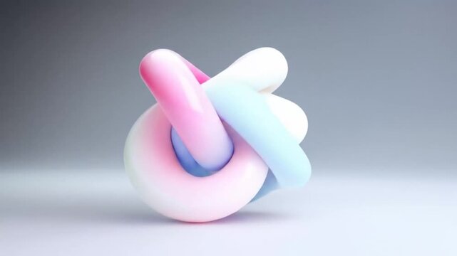 A glossy, pastel-colored, intertwined knot rests on a light gray surface against a slightly darker gray backdrop.