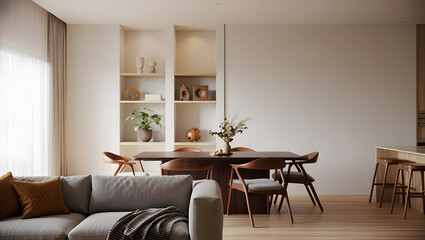 A modern dining room with minimalist interior design and decor