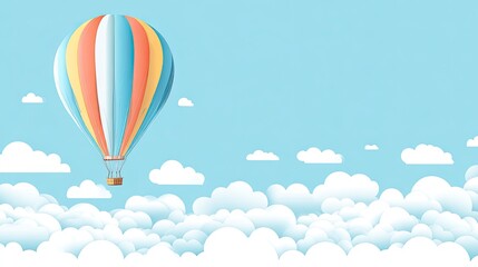 Colorful Hot Air Balloon Soaring Above Fluffy White Clouds in a Pastel Blue Sky