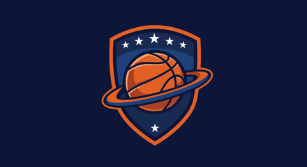 Basketball Shield Logo with a Ball and Stars