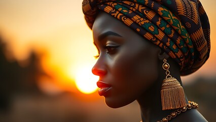 Vibrant kente cloth headwrap in golden sunlight for African Women's Day
