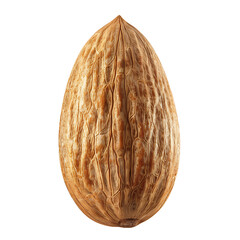 A single whole almond with a textured, brown shell isolated on a white background