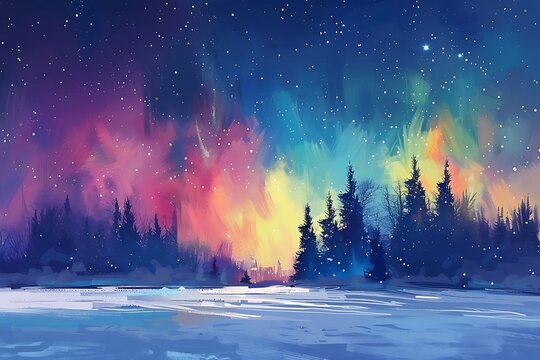 The aurora borealis dancing over a snowy forest