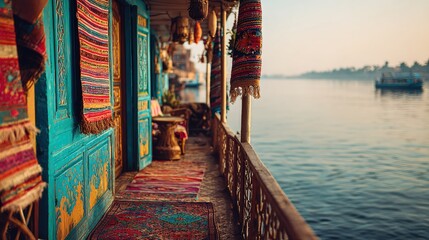 Colorful Houseboat on a Calm River at Sunrise