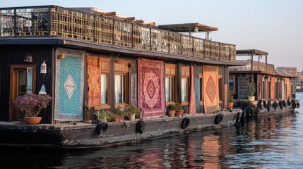 Colorful Houseboats with Vibrant Rugs Docked on a Calm River