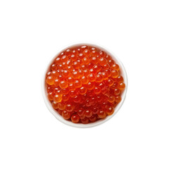 Bowl of vibrant red salmon caviar isolated on transparent background