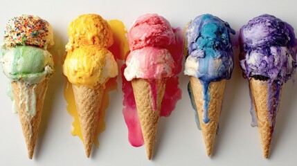 Colorful Ice Cream Cones Melting on White Background