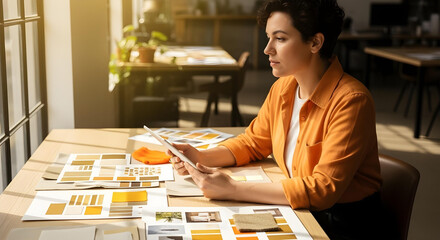 Creative designer brainstorming at desk with digital tablet and mood boards