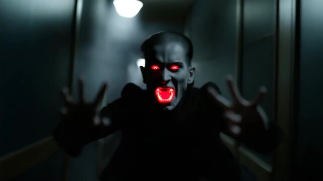 From deep inside a shadowy castle, a vampire emerges from the darkness and charges at the viewer, his expression feral, fangs glistening, captured with a fast zoom-in and aggressive camera shake.