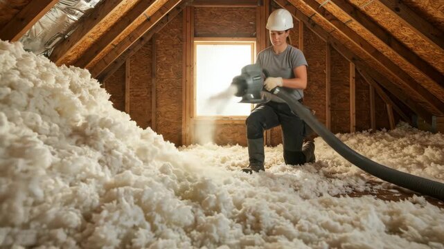 Female Contractor Installing Attic Insulation - A female construction worker in a hard hat kneels in an attic, using a blower to install loose-fill cellulose insulation.