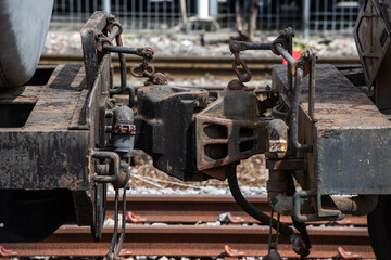The mechanism of coupling of train cars close up, coupling of railway cars, wagon connection